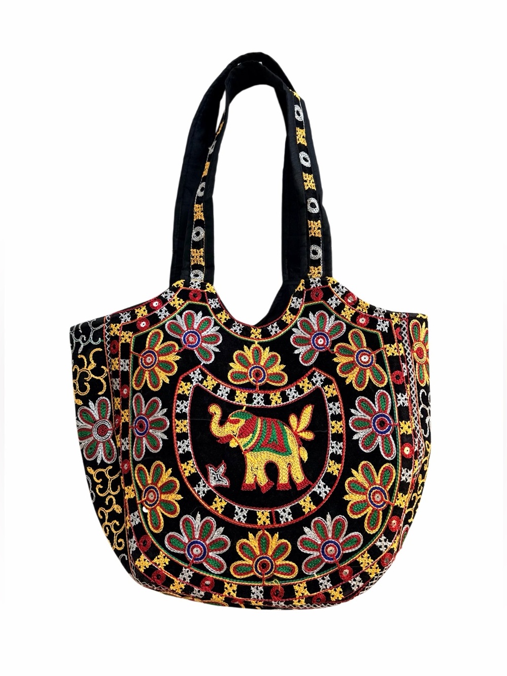Embroidered Boho Black Tote Bag with Colorful Elephant Motif